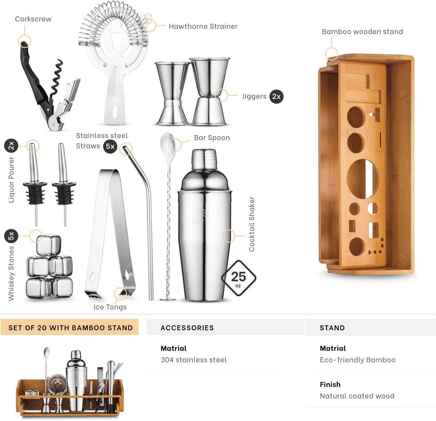 Mitbak 20-Piece Bartender Kit with Cocktail Shaker