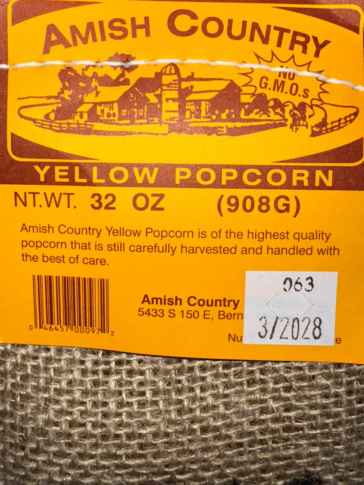 2lb Burlap Bag of Medium Yellow Popcorn Packed and Grown in USA