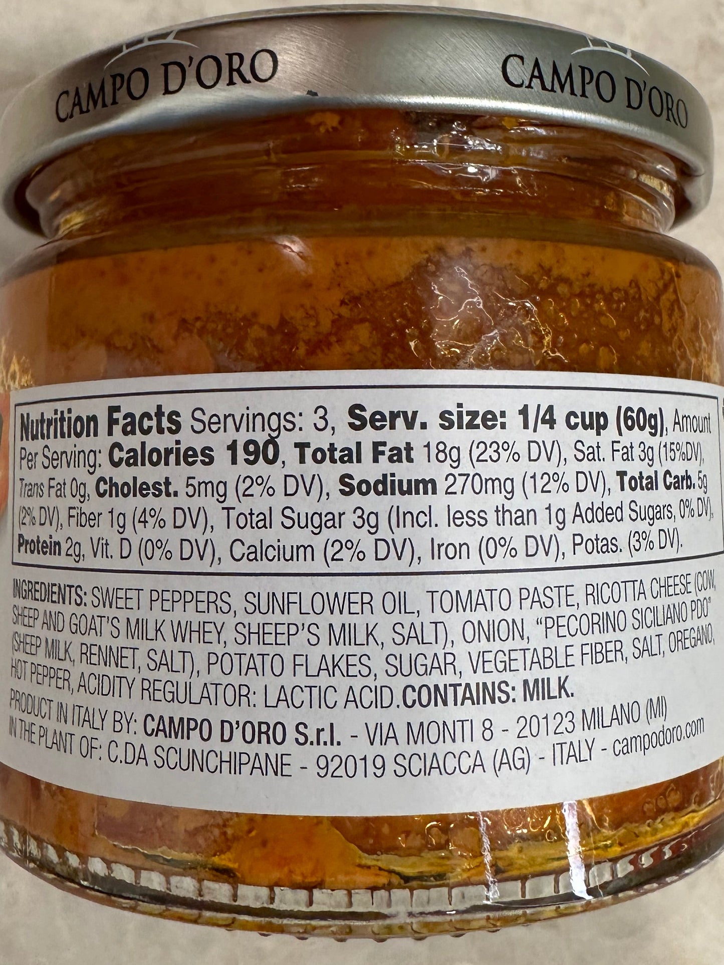 Campo D'Oro Pepper Pesto w/ PDO Ricotta 6.3oz Jar Made in Italy